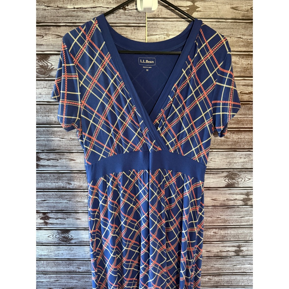 LL Bean Women's Short-Sleeved Dress Size M Blue Nautical Rope V-Neck
